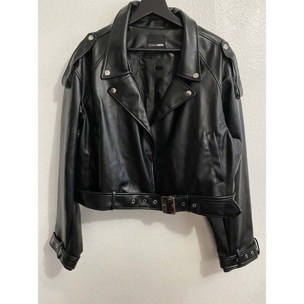 Fashion Nova Black Motorcycle Belted Jacket Size 2x